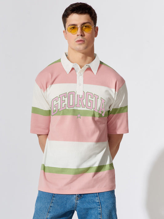 Georgia Oversized Pink Striped Half Sleeve Polo T-Shirt