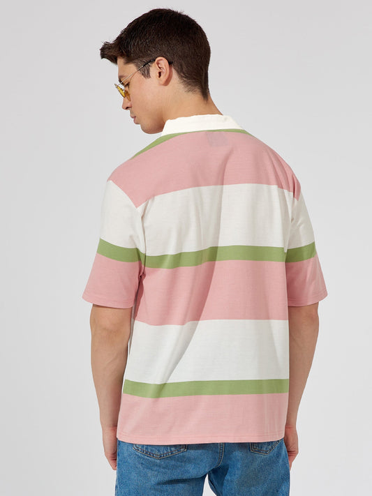 Georgia Oversized Pink Striped Half Sleeve Polo T-Shirt