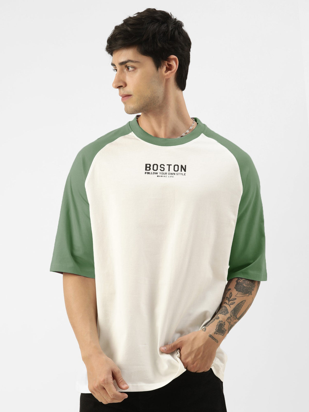 Hunter green half sleeve boston white oversized t-shirt for men