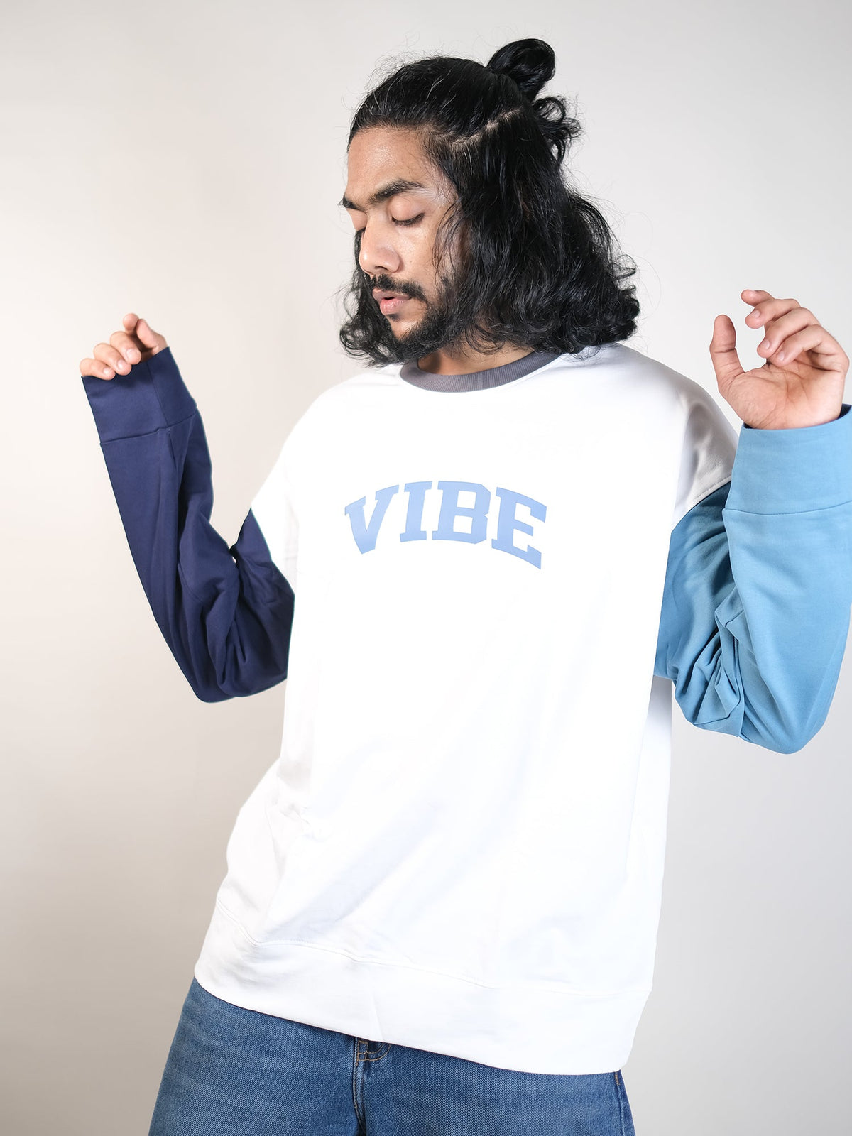 Vibe White, Navy Sweatshirt