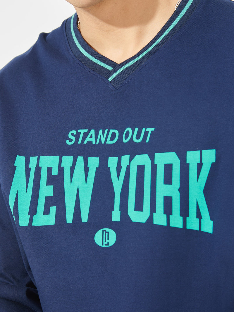 New York V neck Navy Oversized T-Shirt