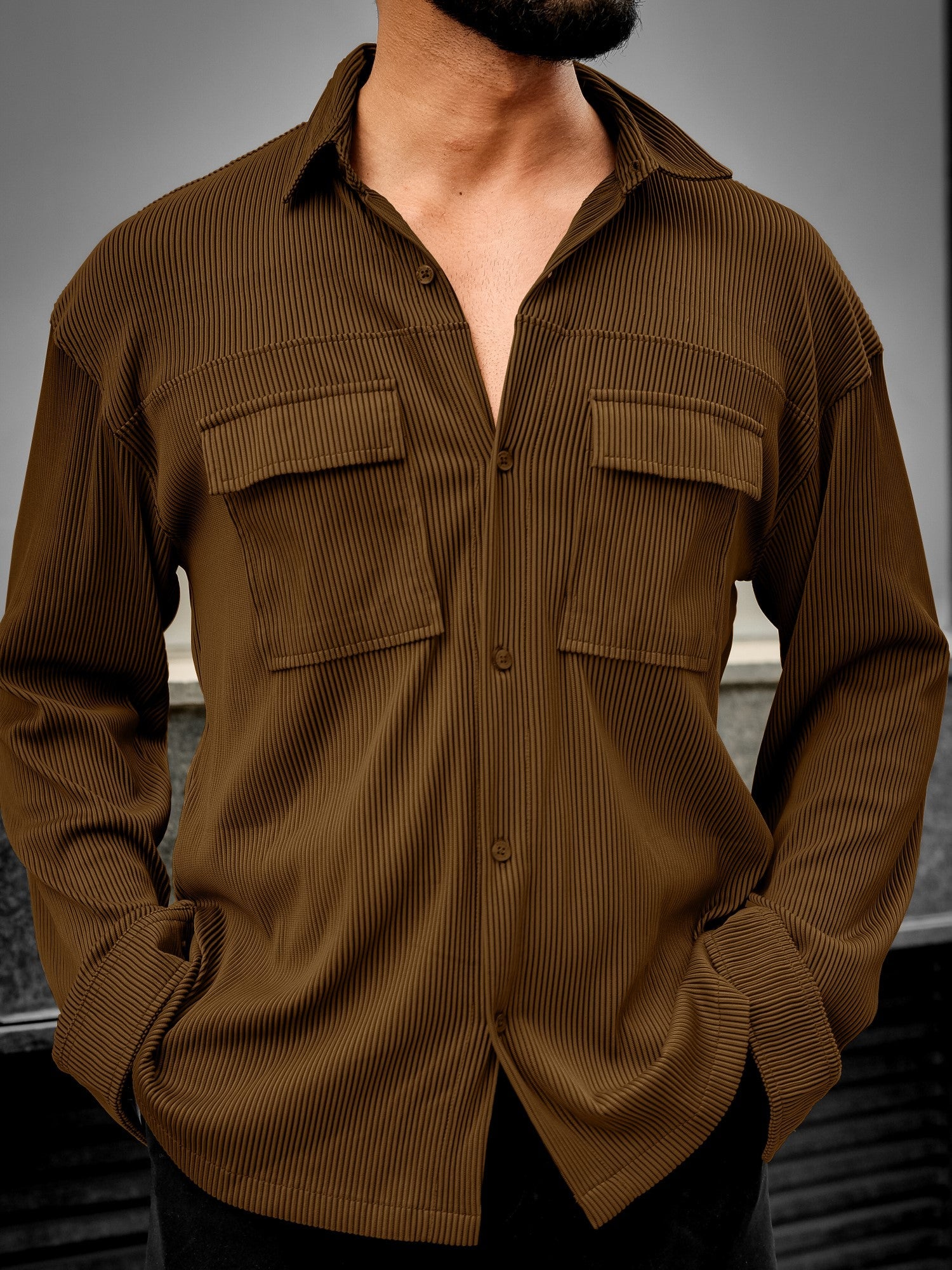 Stripe Textured Brown Full Sleeve Shirt