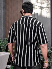 Popcorn Knit Vertical Stripe Black Half Sleeve Shirt