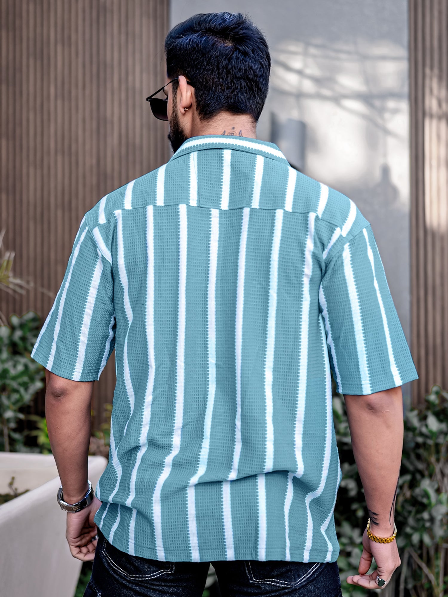 Popcorn Knit Vertical Stripe Blue Shirt