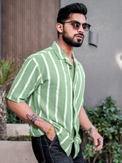 Popcorn Knit Vertical Stripe Green Half Sleeve Shirt
