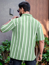 Popcorn Knit Vertical Stripe Green Half Sleeve Shirt