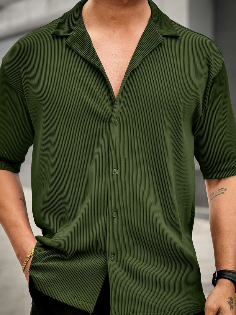 Stripe Textured Olive Half Sleeve Shirt