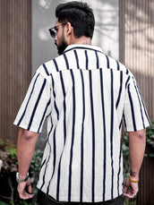 Popcorn Knit Vertical Stripe White Half Sleeve Shirt