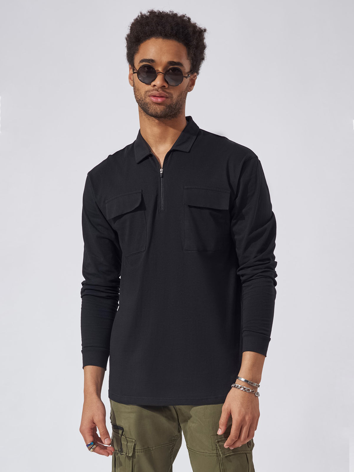 Cargo Pocket Black Zipper Polo T-shirt